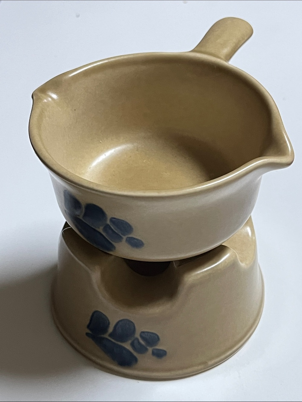 Vintage Pfaltzgraff folk art simmering potpourri butter warmer Tan/blue 2pc